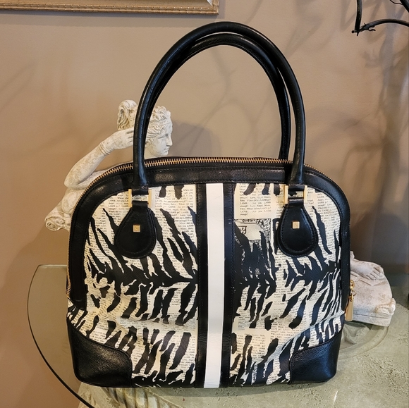 L.A.M.B. by Gwen Stefani Kingston Newspaper Print Zebra Print Bowler Bag #118 - Picture 9 of 15